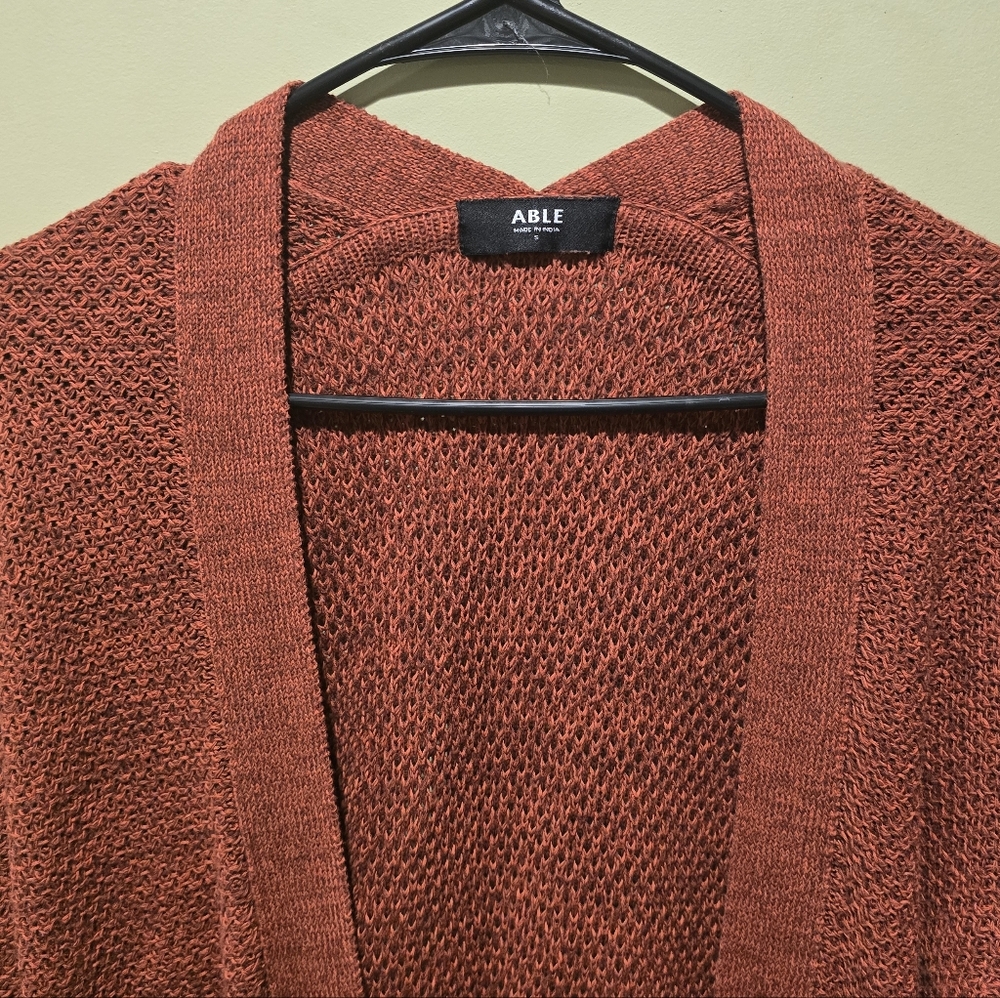 Able Organic Knit Brick Red Full Length Duster Open Cardigan Size Small - Picture 3 of 12
